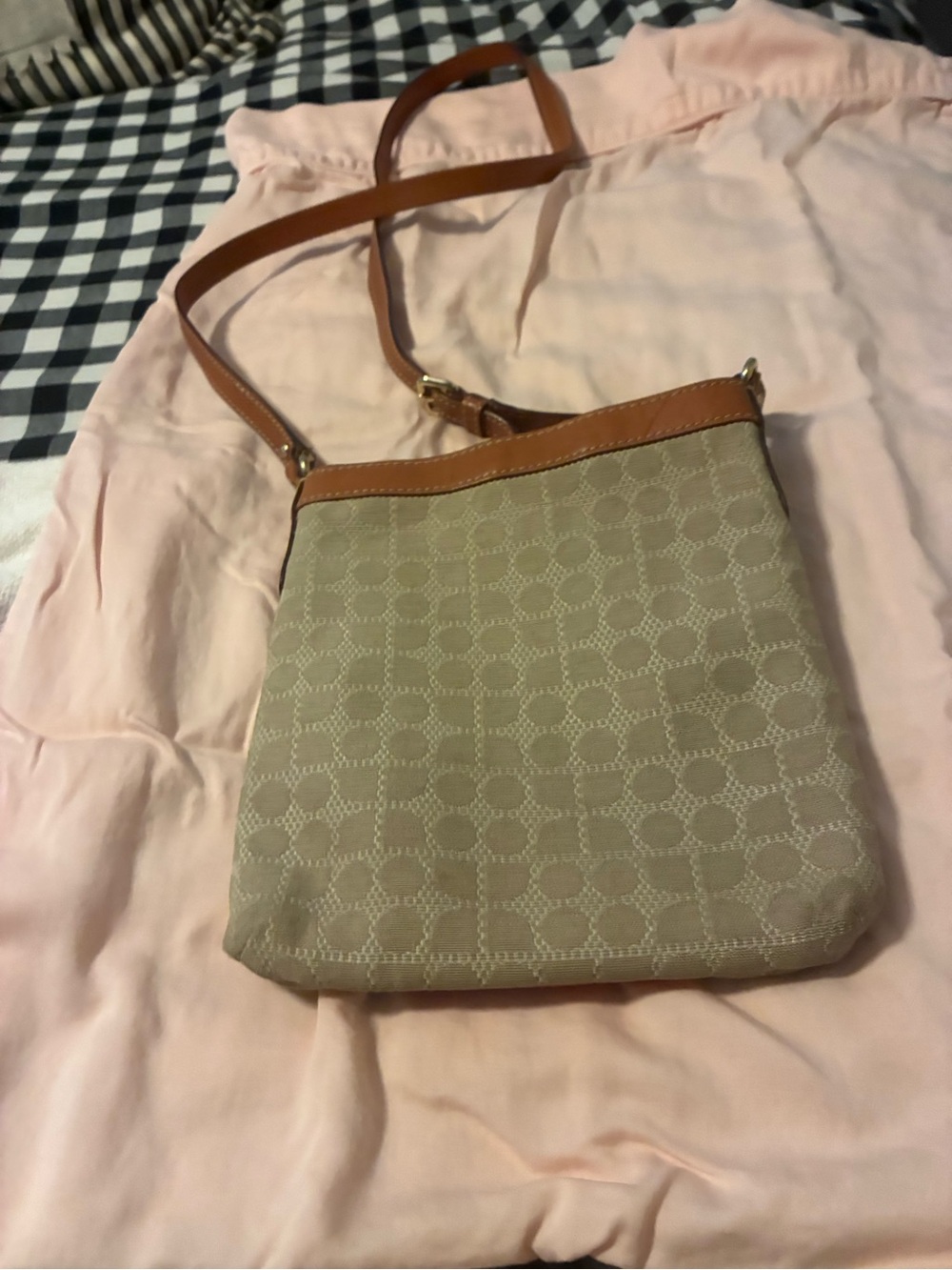 Dooney & Bourke Beige Canvas Crossbody with Tan Leather Trim